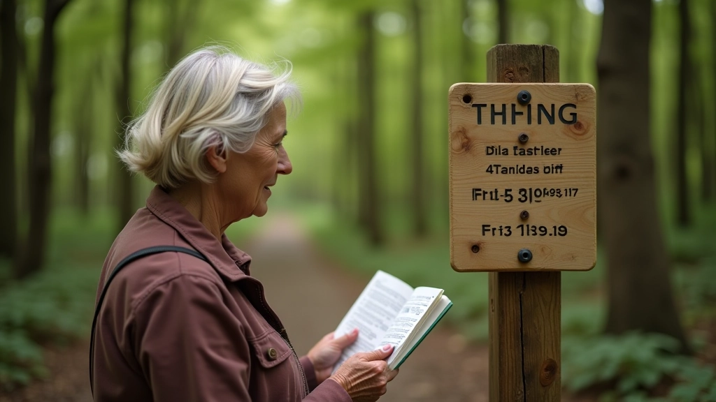 Senjorė žiūri į kelio ženkliniu, nurodantį distanciją ir trukmę
